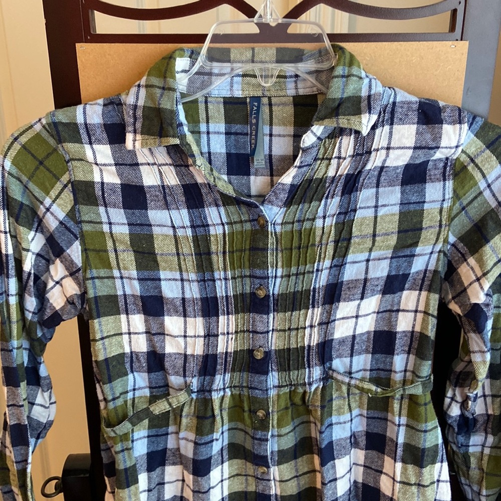 Falls Creek plaid shirt dress 14-16 green and blue checkered